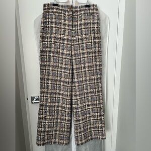 ba&sh Cream, Navy & Brown Tweed Wide-Leg Trousers
